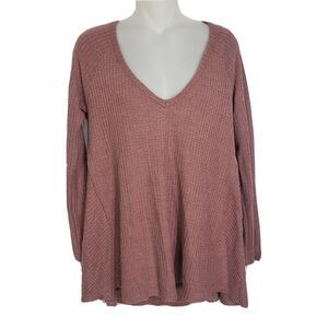 She and Sky Womens Top Size Small Burgundy Waffle Knit V Neck 3/4 Sleeve Hi Low